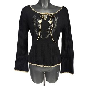 NOMI VTG Black Ribbed Knit Sweater Top w/ Lace-Up Neckline‎ Floral Embroidery  L